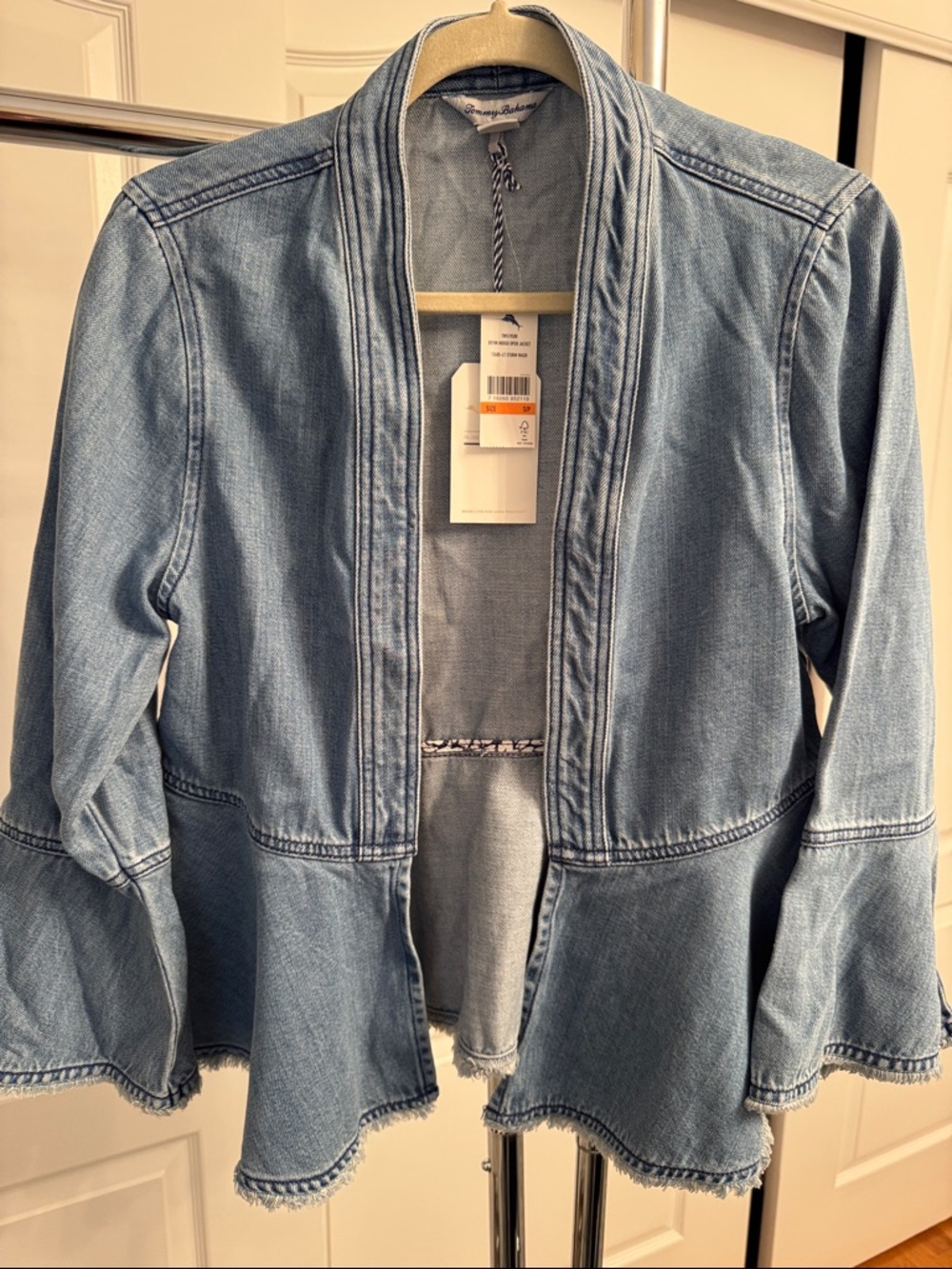 Tommy Bahama Light Blue Denim Peplum Open-Front Jacket